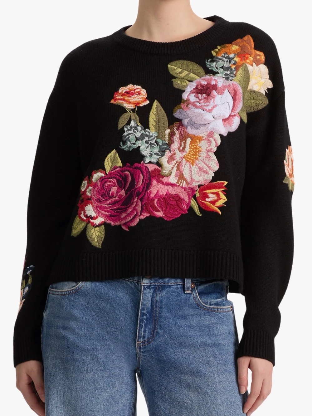 ALICE+OLIVIA Belva Embroidered Floral Wool Blend Sweater